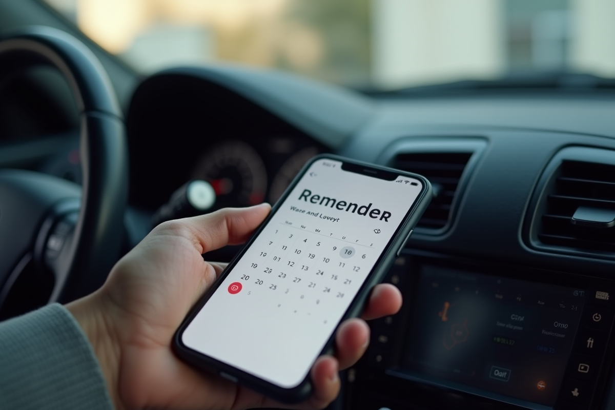 Main réglant rappel contrôle technique sur smartphone dans voiture