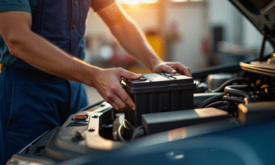 Mecanicien changeant une batterie dans un garage en plein jour