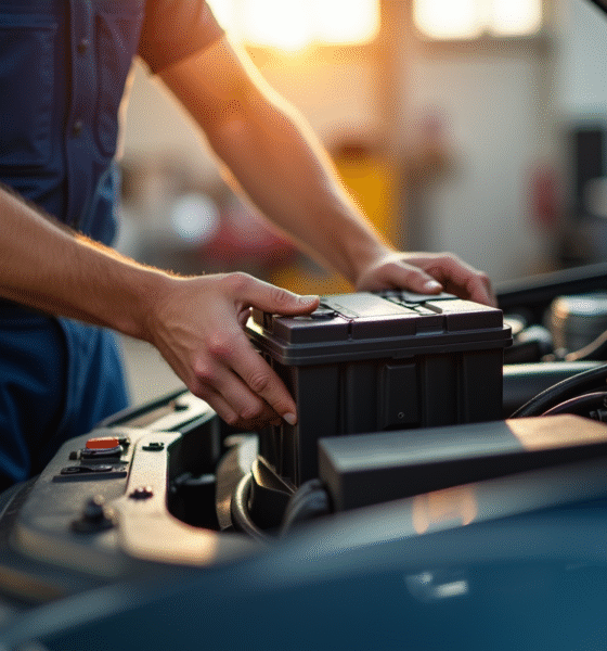 Mecanicien changeant une batterie dans un garage en plein jour