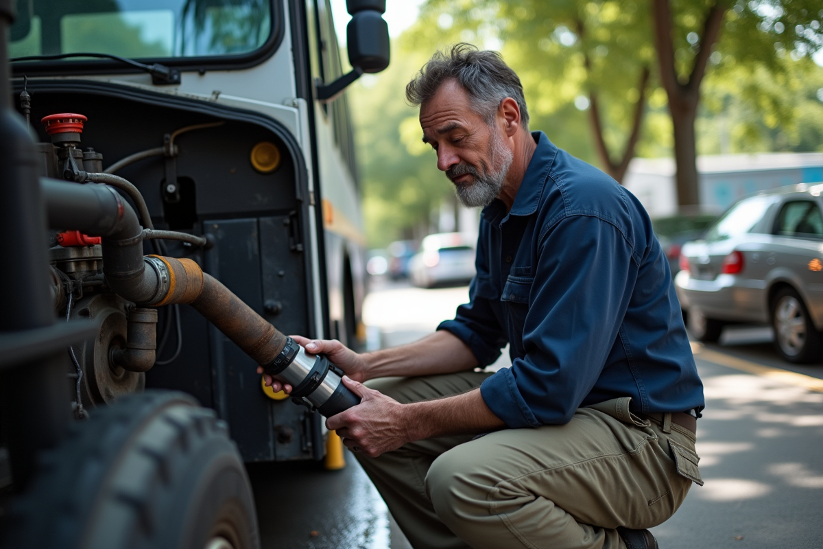 Homme inspectant un moteur de bus en depot urbain