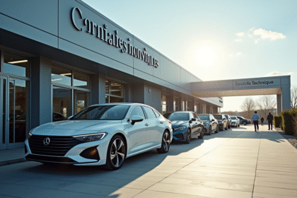 Voiture moderne devant centre contrôle technique en plein jour